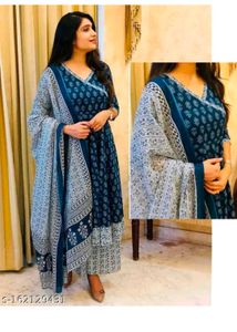 Blue Printed Kurti Set