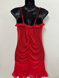 Women Ruched Mesh Dress Red