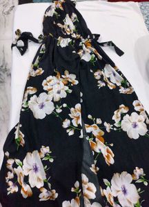 SHEIN Black Floral Slit Dress With Halter Neck