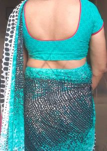 Aqua &amp; Black Polka Dot Print Fabric Saree n Blouse