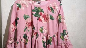 Pink Floral Print Ruffle Sleeve Top