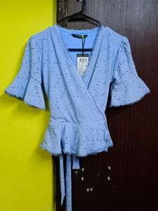 Tokyo Talkies Blue V Neck Schiffli Top