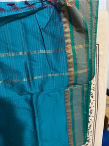 Teal &amp; Gold Striped Saree