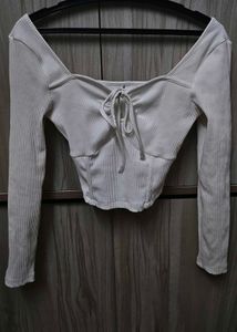 White Ribbed Tie-Front Top