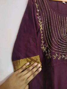 Wine Colour Kurtha With Gold Beads Hand embroidere