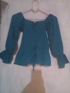 sea green Long Sleeve Corset Top