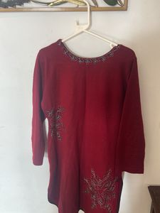 Red Embroidered Woollen Kurta