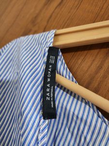 Zara White And Blue Stripes Top