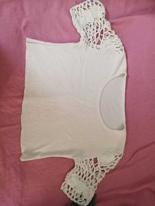 White Very Soft Top With Rose Design On Sleeves