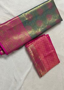 Blue Pink Semi Pattu Saree With Unstitched Blouse