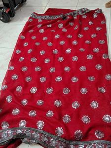 Red & Oxidised Silver Embellished Saree