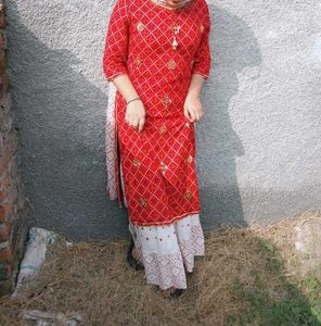 Red Printed Kurti with Patiala Pants