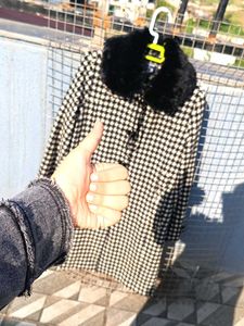 Houndstooth Coat🦓 Faux Fur Collar