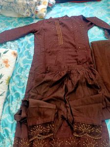 INDO ERA Brown Mirror Design Kurti Set