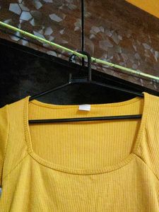 Mustard Yellow Ribbed Square Neck Top