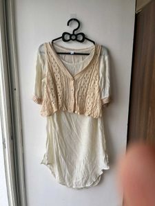 Beige Dress with Crochet Top