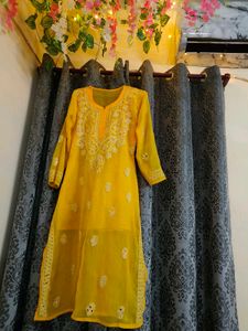 Yellow Chikankari Kurta With Free Legging