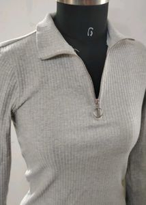 Gray Ribbed Quarter Zip Pullover
