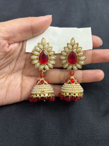 Pearl Beaded Red Jhumki