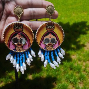Mirror Work Hand painted Fabric Earrings