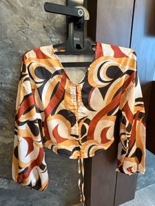 Boohoo Retro Print Tie-Front Top
