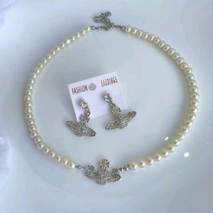 Rhinestone Pearl Choker Necklace Earrings Set