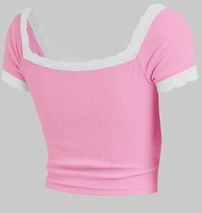 Pink Lace Trim Crop Top