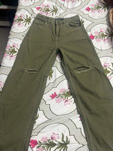 Olive Green Ripped Wide Leg Jeans
