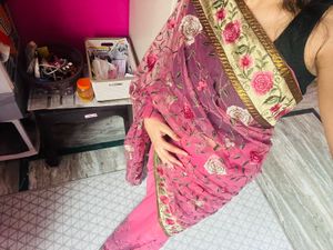 Rose Blush Embroidered Net Saree