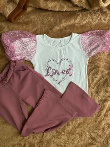 Girl's 'Loved' Sequin Sleeve Tee &amp; trouser