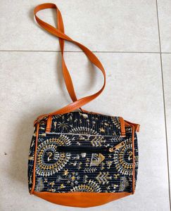 Brown And Blue Sling Bag With 3 Spaces