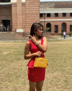 red dress with Polka Dot Handbag both