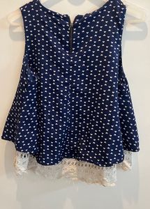 Navy Heart Print Top with Lace Trim