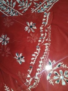 Red Chikan Kari Kurti With Mirror Work