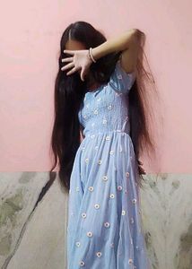 Blue Floral Embroidery Puff Sleeve Dress