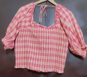 Pink Check Print Crop Top For 34 Bust