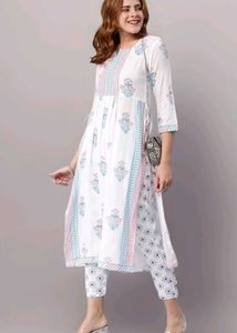 S-M Size White Floral Print Kurta Set