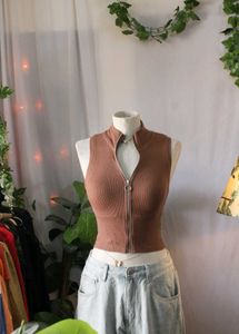 Brown Zip-Up Crop Top