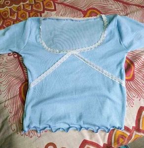 Blue Lace Trim Ribbed Top – Trendy &amp; Comfortable