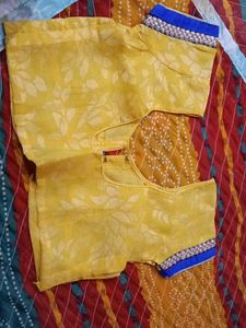 Yellow Sari Blouse with Blue Detail