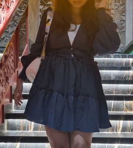 Deep Neck Flared Balloon Sleeves Dress