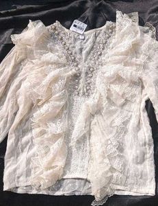 Heavy Industry Beaded Rufle Lace Spring V-neck Top