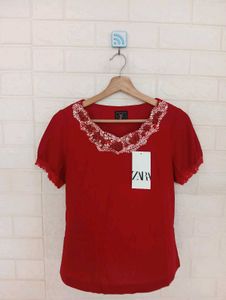 Red Floral Embellished Top