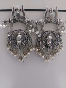 Elephant & Trishul Silver Earrings