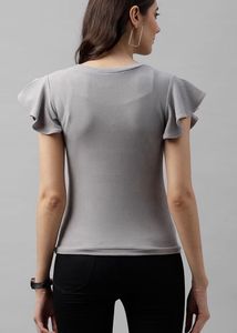 Grey Wrap Top w/ Ruffle Sleeves