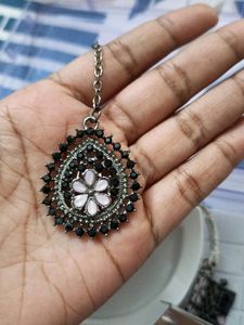 Black &amp; Baby Pink Necklace Set With Maang Tikka🥰