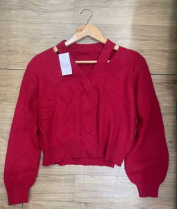 Red V-Neck Cutout Sweater Top