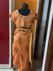 Fabindia Orange Printed Saree with blouse