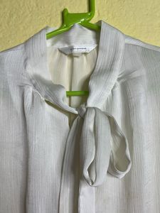 White Tie-Neck Ruffle Blouse