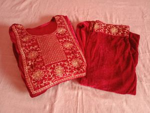 Velvet Maroon Nyra Cut Kurta With Plazo XL Size